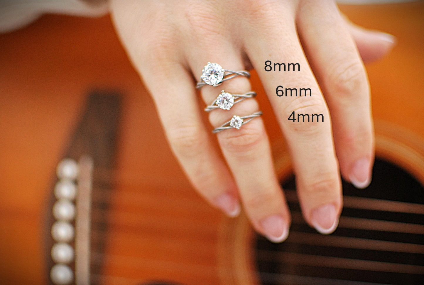 Petite Guitar String Engagement Ring: Sterling Silver Setting, 4mm Stone