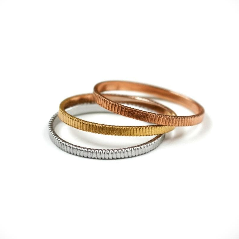 Recycled Guitar String Ring: Hammered Stacking Band, Gold Silver Copper