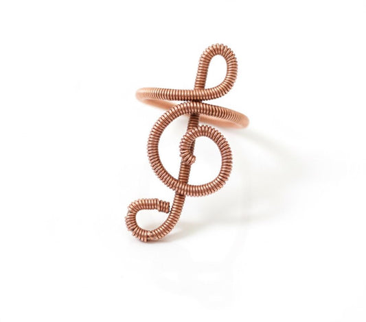 Recycled Piano String Ring: Copper Treble Clef Jewelry