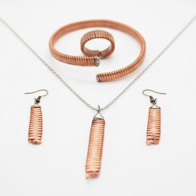 Recycled Piano String Jewelry Set: Hammered Ring, Bracelet, Earrings