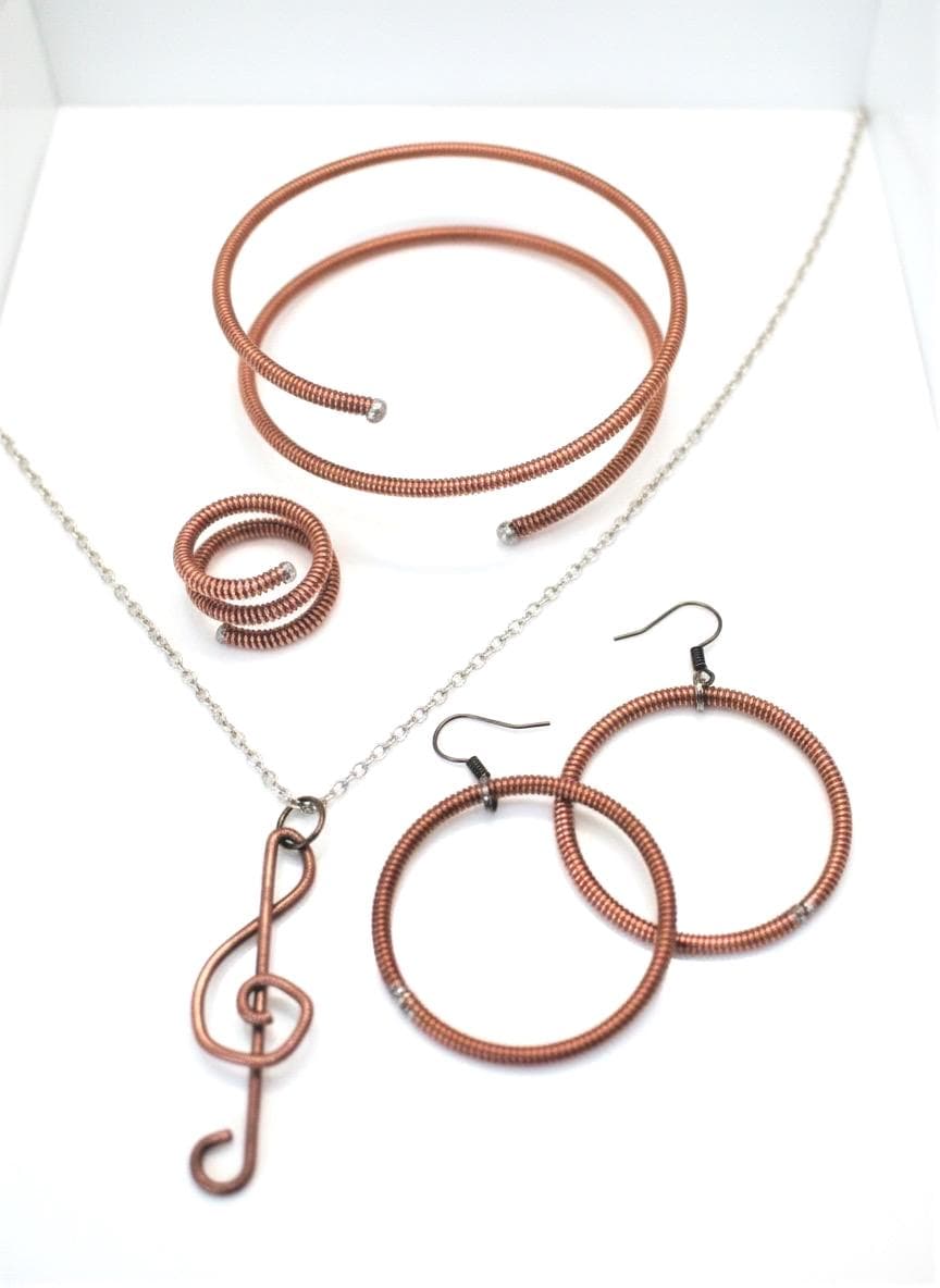 Recycled Piano String Jewelry Set: Treble Clef Necklace, Bracelet, Earrings