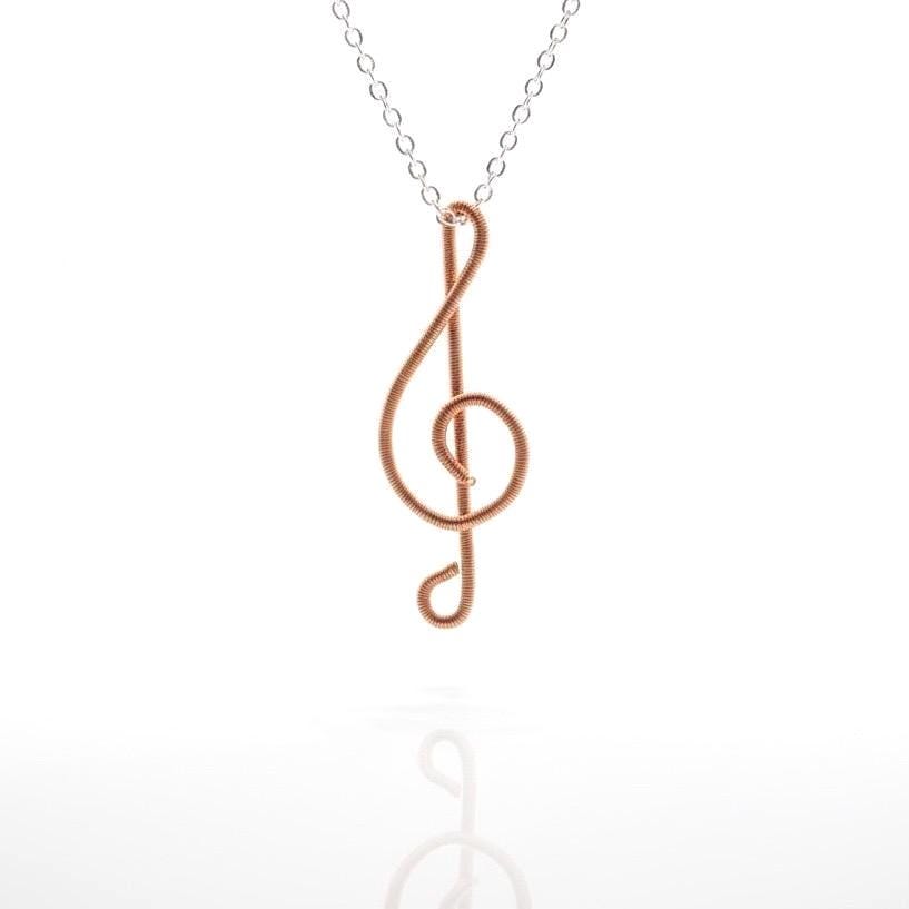 Piano Wire Treble Clef Pendant: Recycled Copper Musician Gift