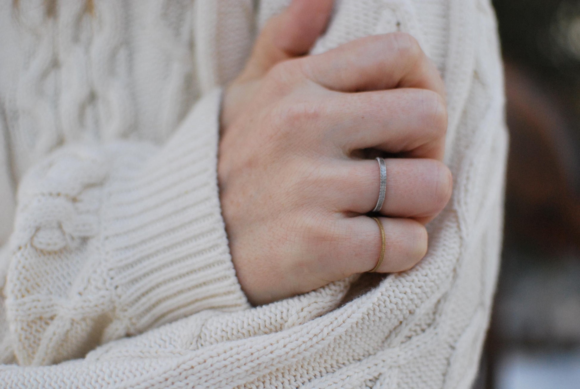 Recycled Guitar String Ring: Hammered Stacking Band, Gold Silver Copper