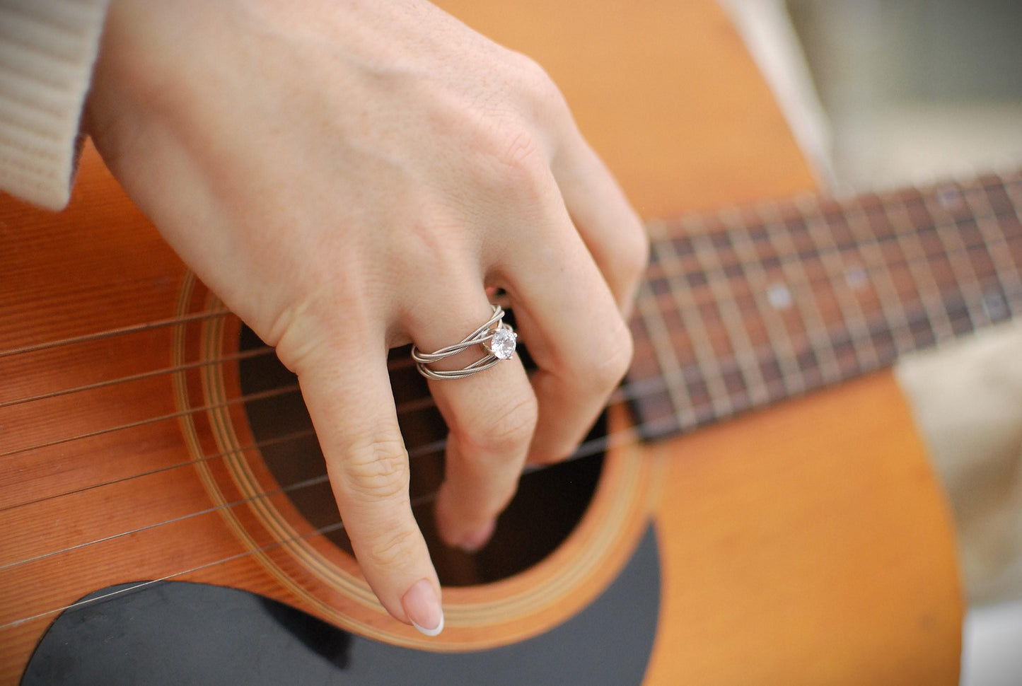 Guitar String Engagement Ring: Double Silver Band with 6mm Stone, Sterling Silver Setting