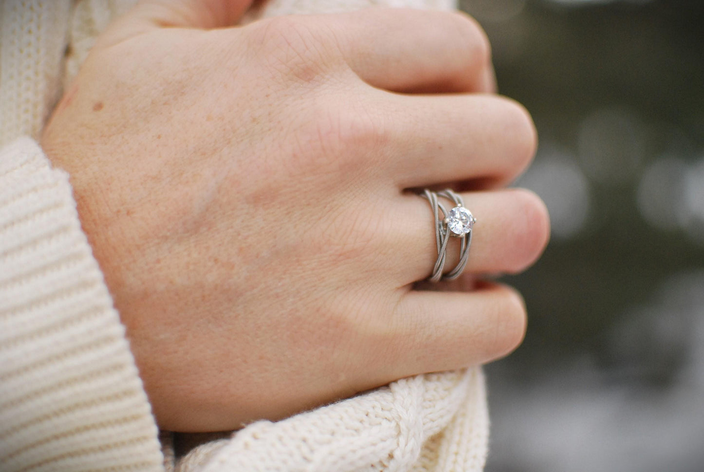 Guitar String Engagement Ring: Double Silver Band with 6mm Stone, Sterling Silver Setting