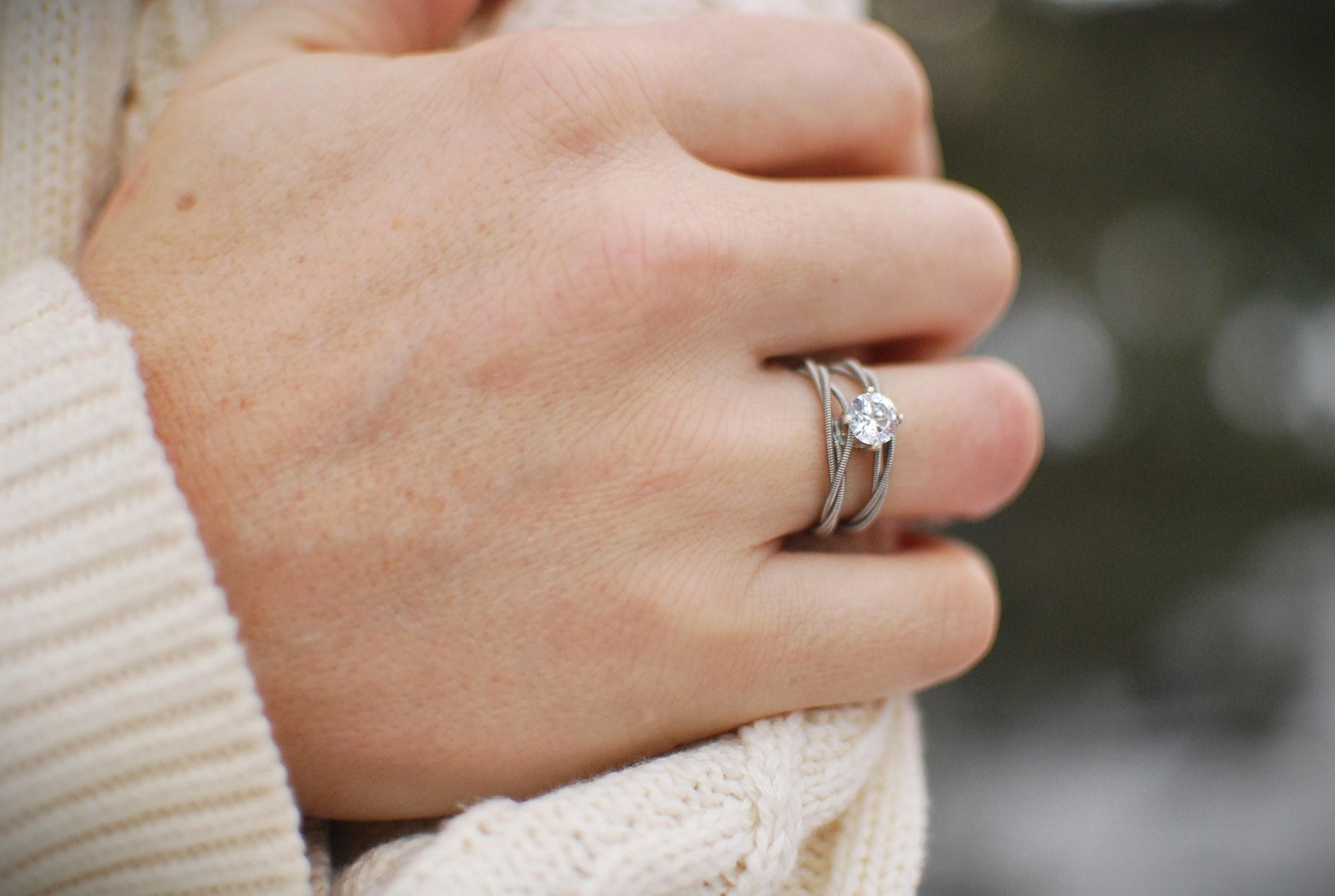 Guitar String Engagement Ring: Double Silver Band with 6mm Stone, Sterling Silver Setting