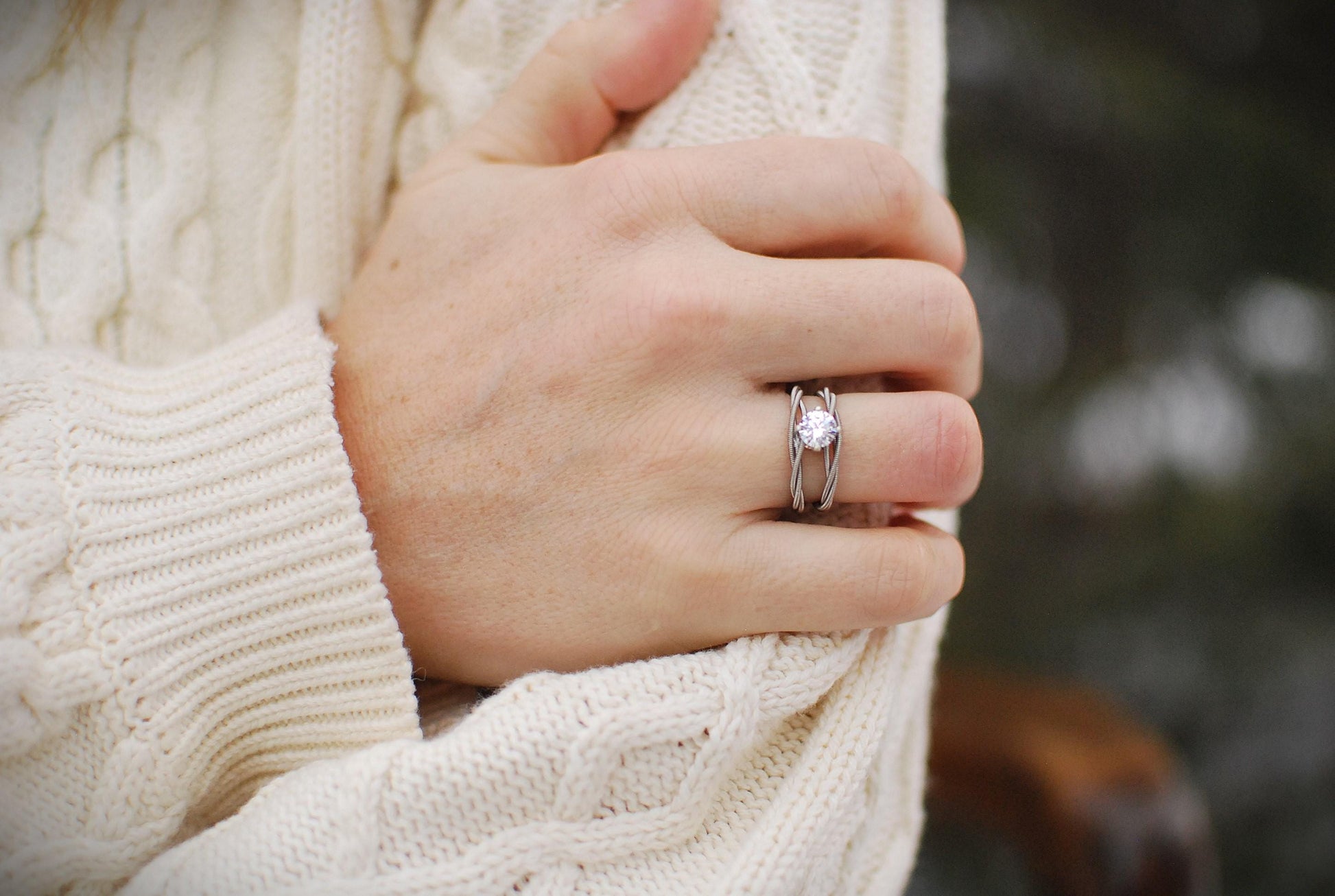 Guitar String Engagement Ring: Double Silver Band with 6mm Stone, Sterling Silver Setting