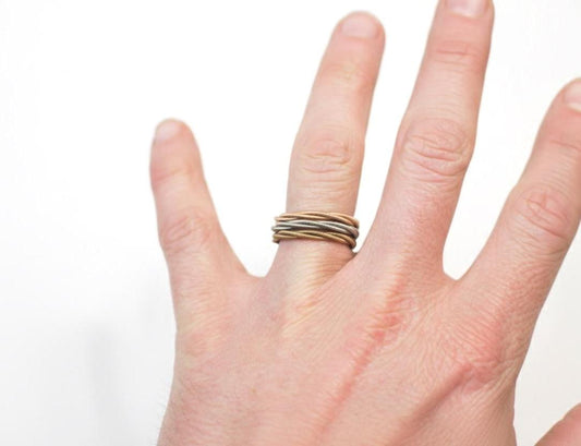Recycled Guitar String Ring: Bronze, Silver, Copper Stacked Ring