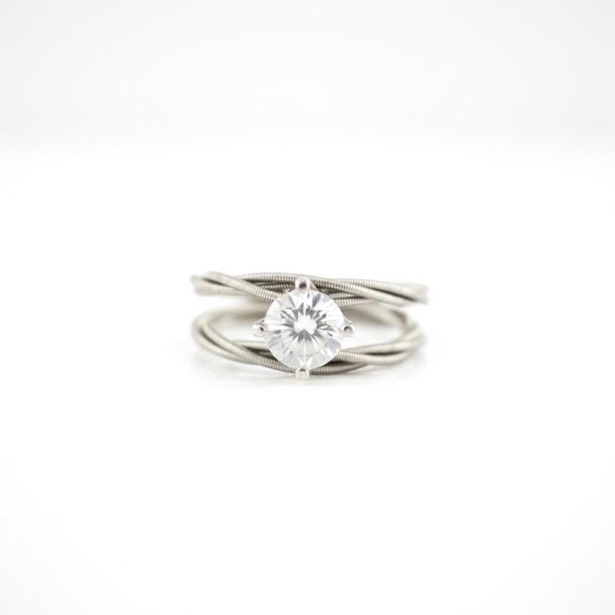 Guitar String Engagement Ring: Double Silver Band with 6mm Stone, Sterling Silver Setting