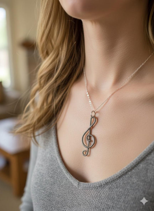 Recycled Piano Wire Treble Clef Pendant - Gift for Pianist