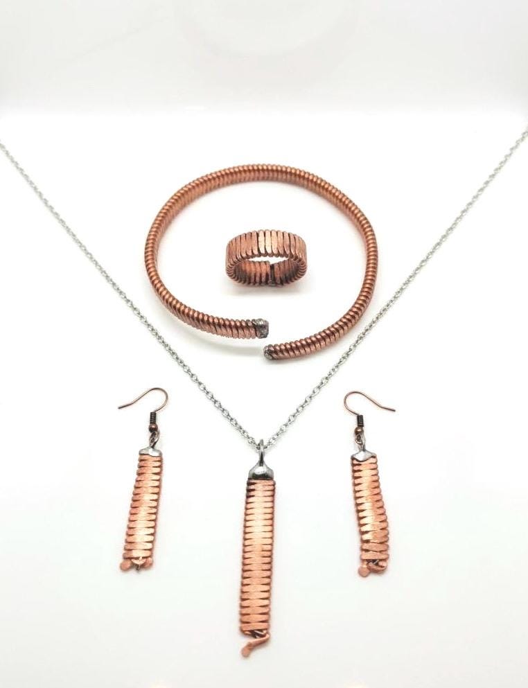 Recycled Piano String Jewelry Set: Hammered Ring, Bracelet, Earrings