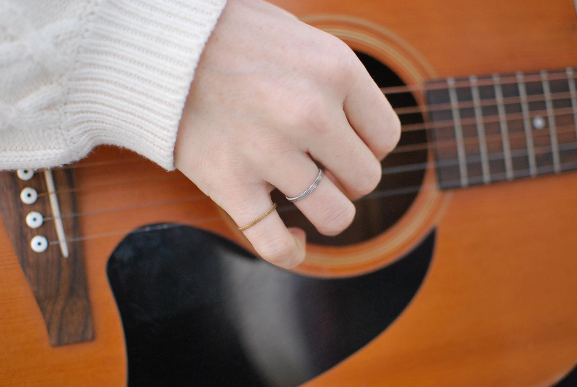 Recycled Guitar String Ring: Hammered Stacking Band, Gold Silver Copper
