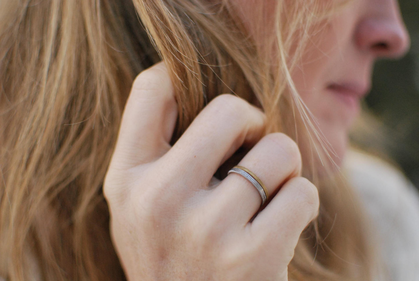 Recycled Guitar String Ring: Hammered Stacking Band, Gold Silver Copper