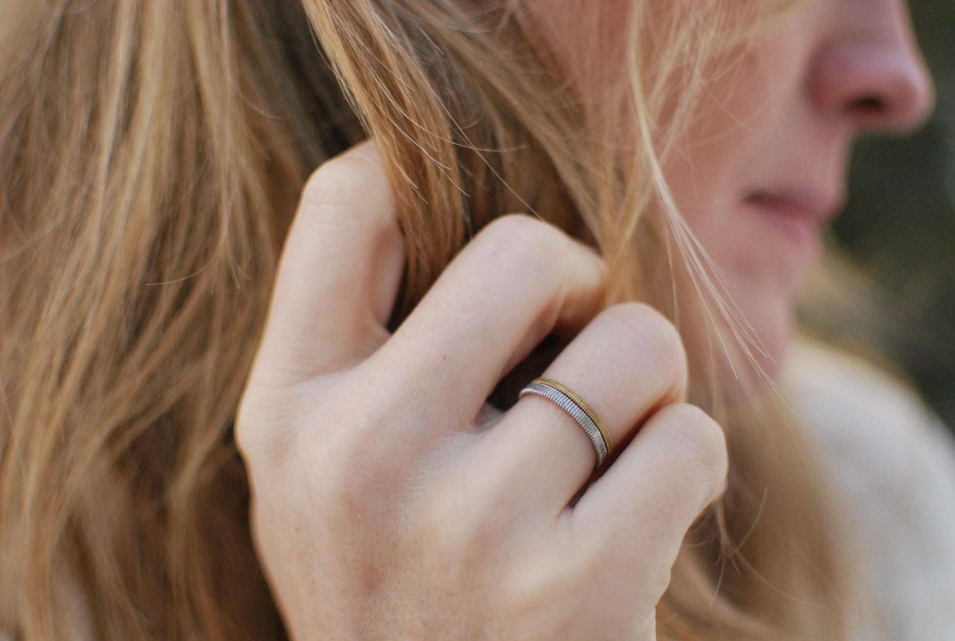 Recycled Guitar String Ring: Hammered Stacking Band, Gold Silver Copper
