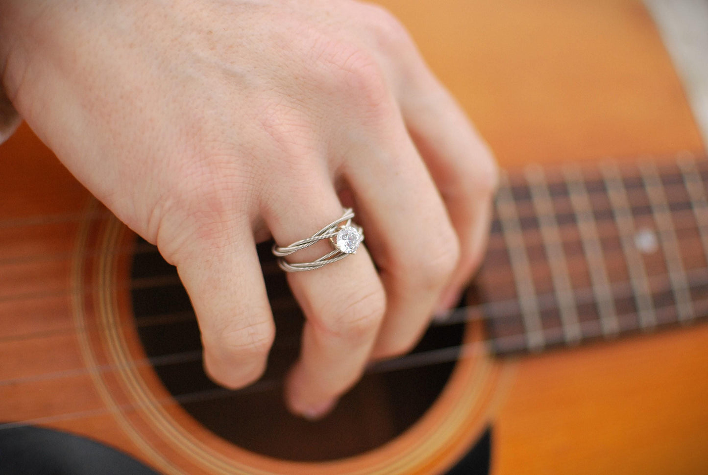 Guitar String Engagement Ring: Double Silver Band with 6mm Stone, Sterling Silver Setting