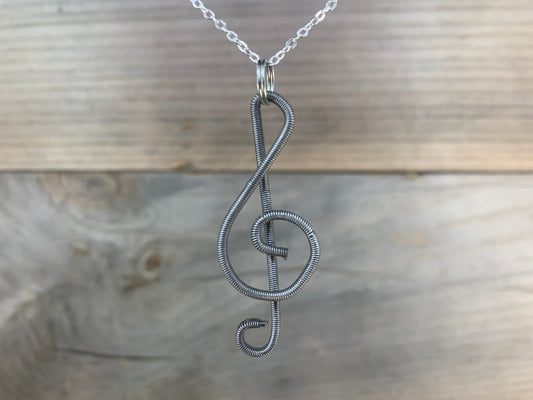 Piano Wire Treble Clef Necklace, Piano Wire Pendant, Treble Clef Pendant, Gift for Pianist, Gift for Musician, Piano Wire Jewelry