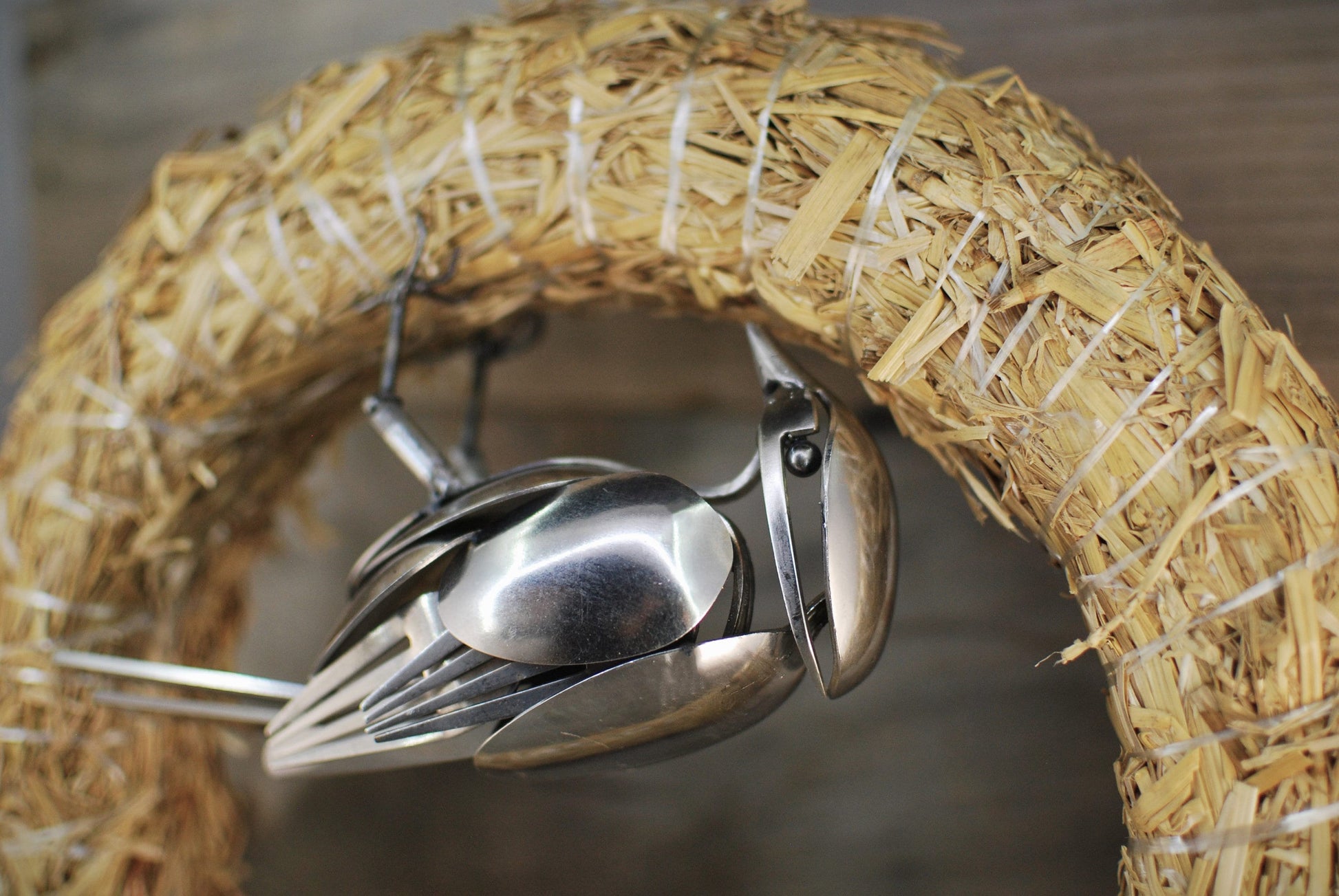 Weaver Bird Sculpture Making Nest, Silverware Bird, Spoon Bird, Metal Bird Sculpture, Bird Art, Gift for Bird Lover, Minimalist Bird Art